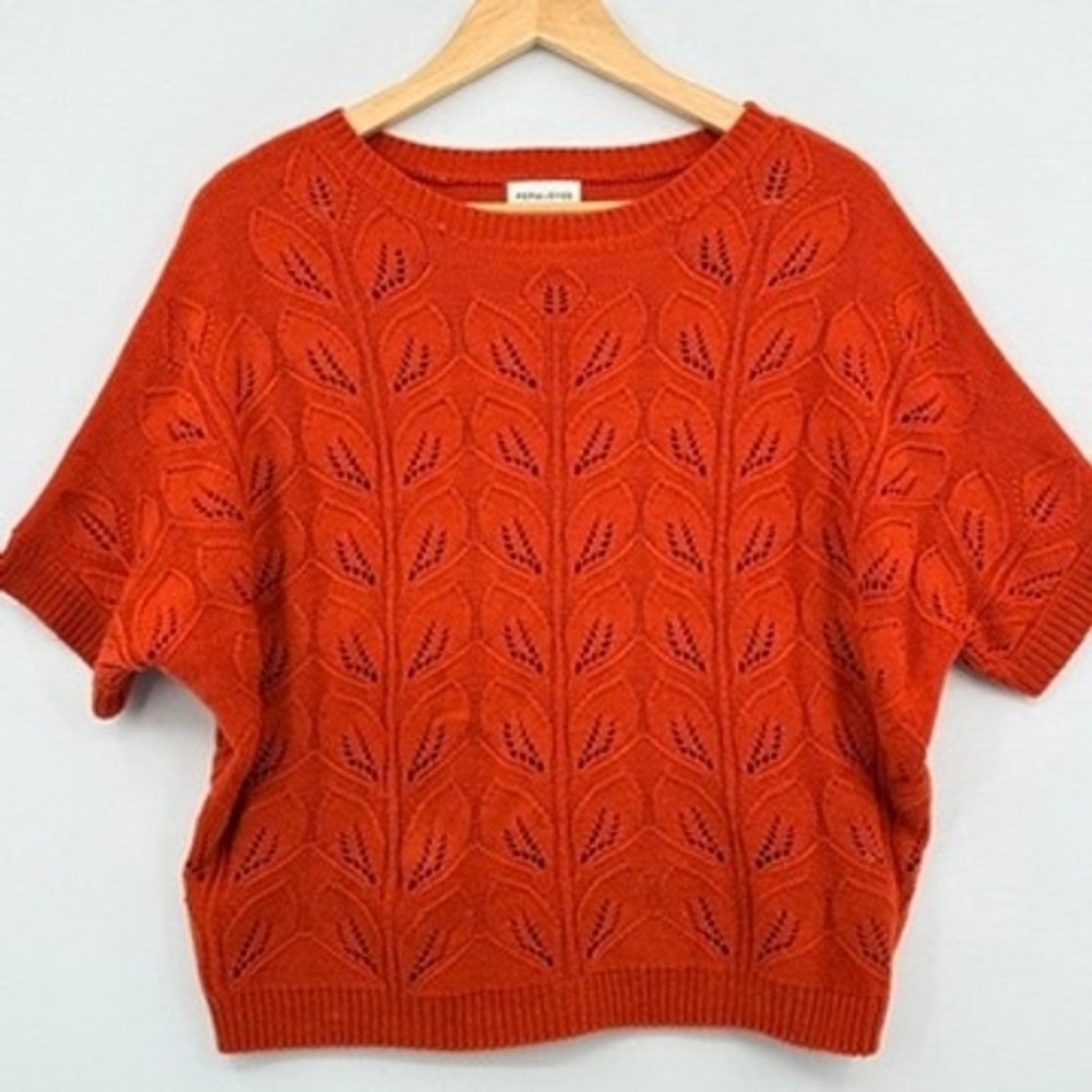 PepaLoves Short Sleeve Sweater Womens Small Orange Leaf Knit Cottagecore Autumn